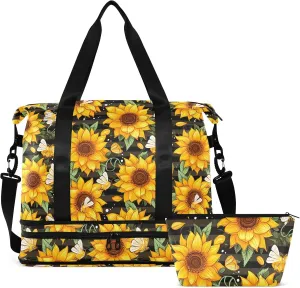 Bee Sunflower Gym Bag for Women & Men,Duffel Bag with Shoe Pocket,Weekender Overnight Bag with Trolley Sleeve for Travel 21215225