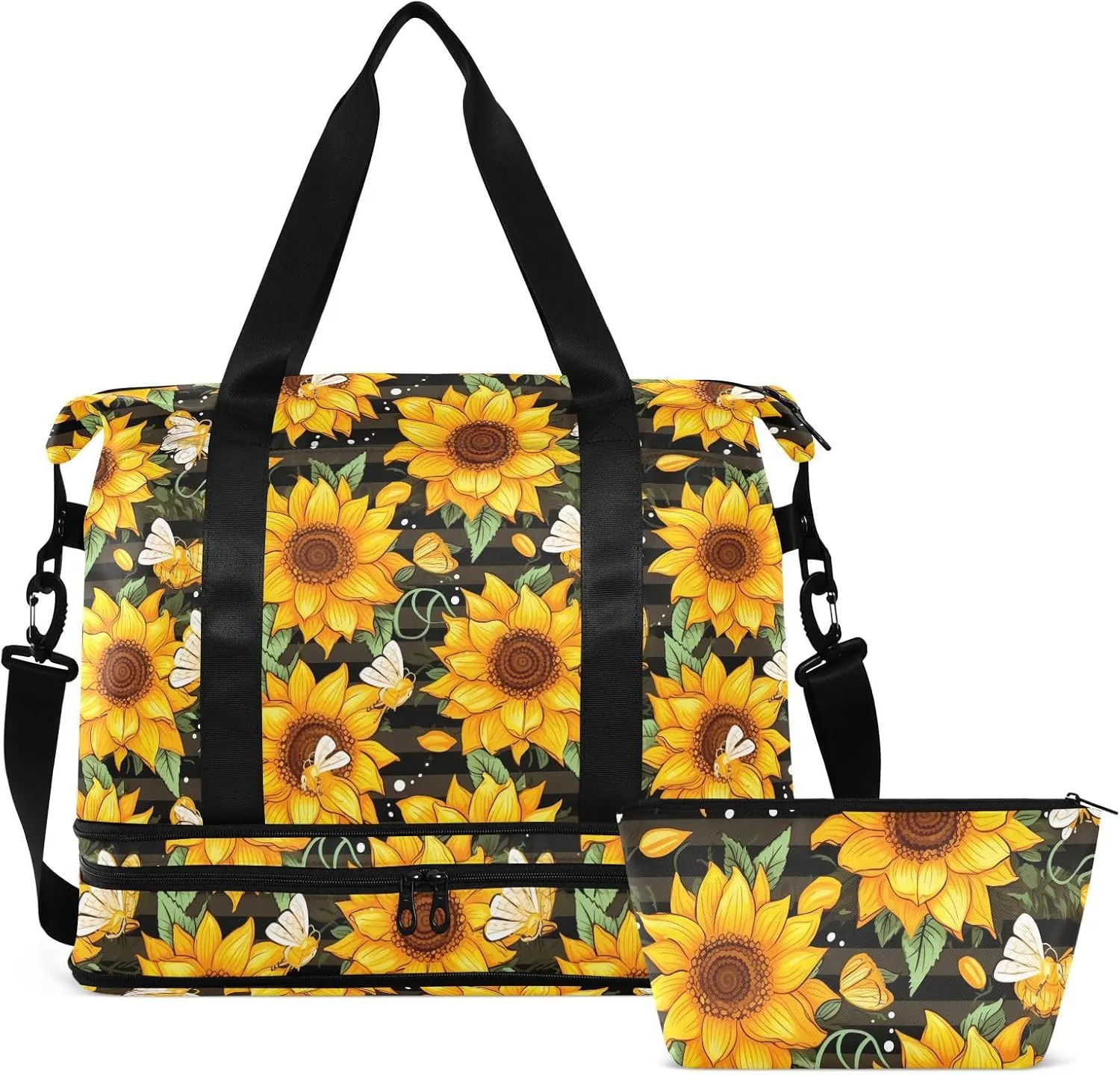 Bee Sunflower Gym Bag for Women & Men,Duffel Bag with Shoe Pocket,Weekender Overnight Bag with Trolley Sleeve for Travel 21215225