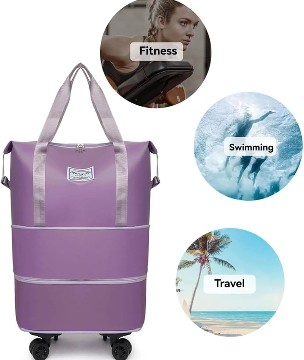 Beente Travel Bag With Wheels, 2025 New Large Capacity Travel Bag, Universal Wheel Removable, Expandable foldable duffel bag suitcase for Gym Camping Weekend Trips Business Travel (light purple)