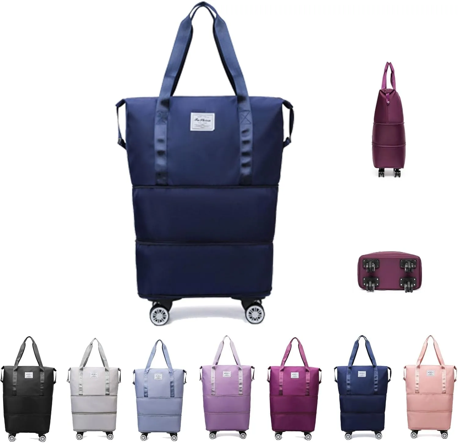 Beente Travel Bag with Wheels, Kulken Pepepo Lightweight Rolling Bag with Wheels, Universal Wheel Removable Duffle Bag (Dark blue)