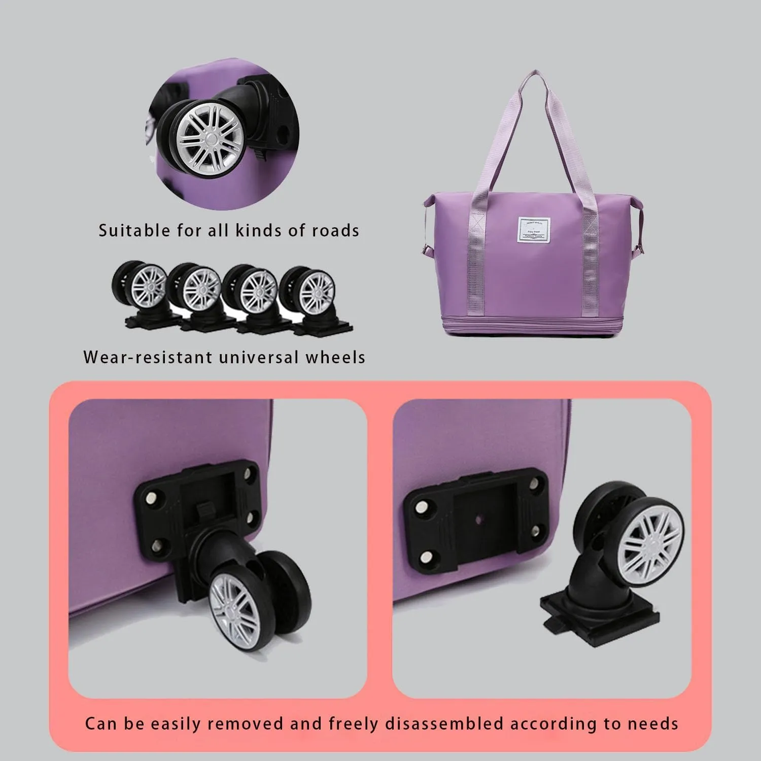 Beente Travel Bag With Wheels - Large Capacity Travel Bag - Universal Wheel Removable, Expandable Foldable, Weekend Bag For Travel For Camping, Business Travel (1, light purple, 22.4inx8.6inx26in)
