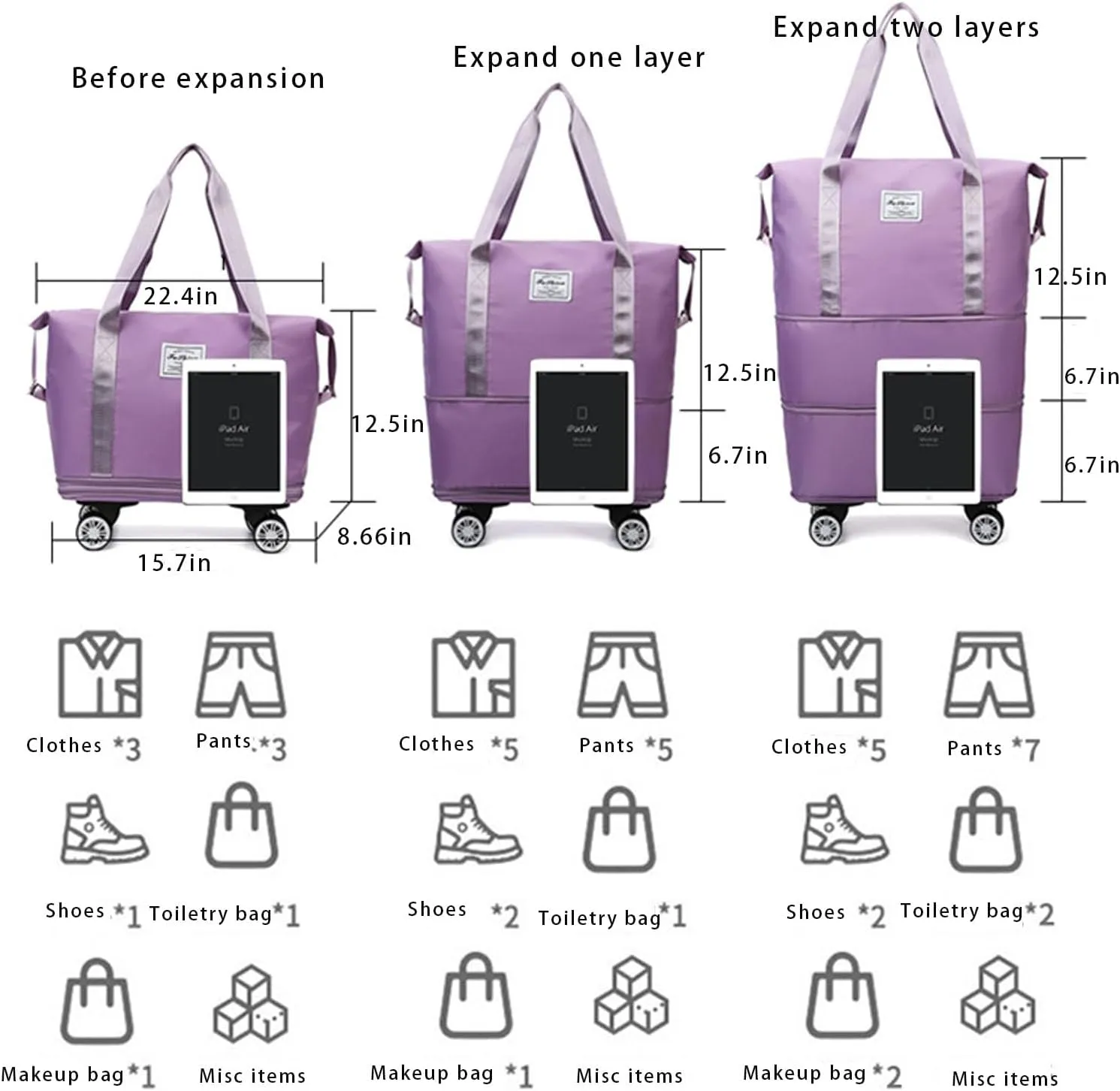 Beente Travel Bag With Wheels - Large Capacity Travel Bag - Universal Wheel Removable, Expandable Foldable, Weekend Bag For Travel For Camping, Business Travel (1, light purple, 22.4inx8.6inx26in)