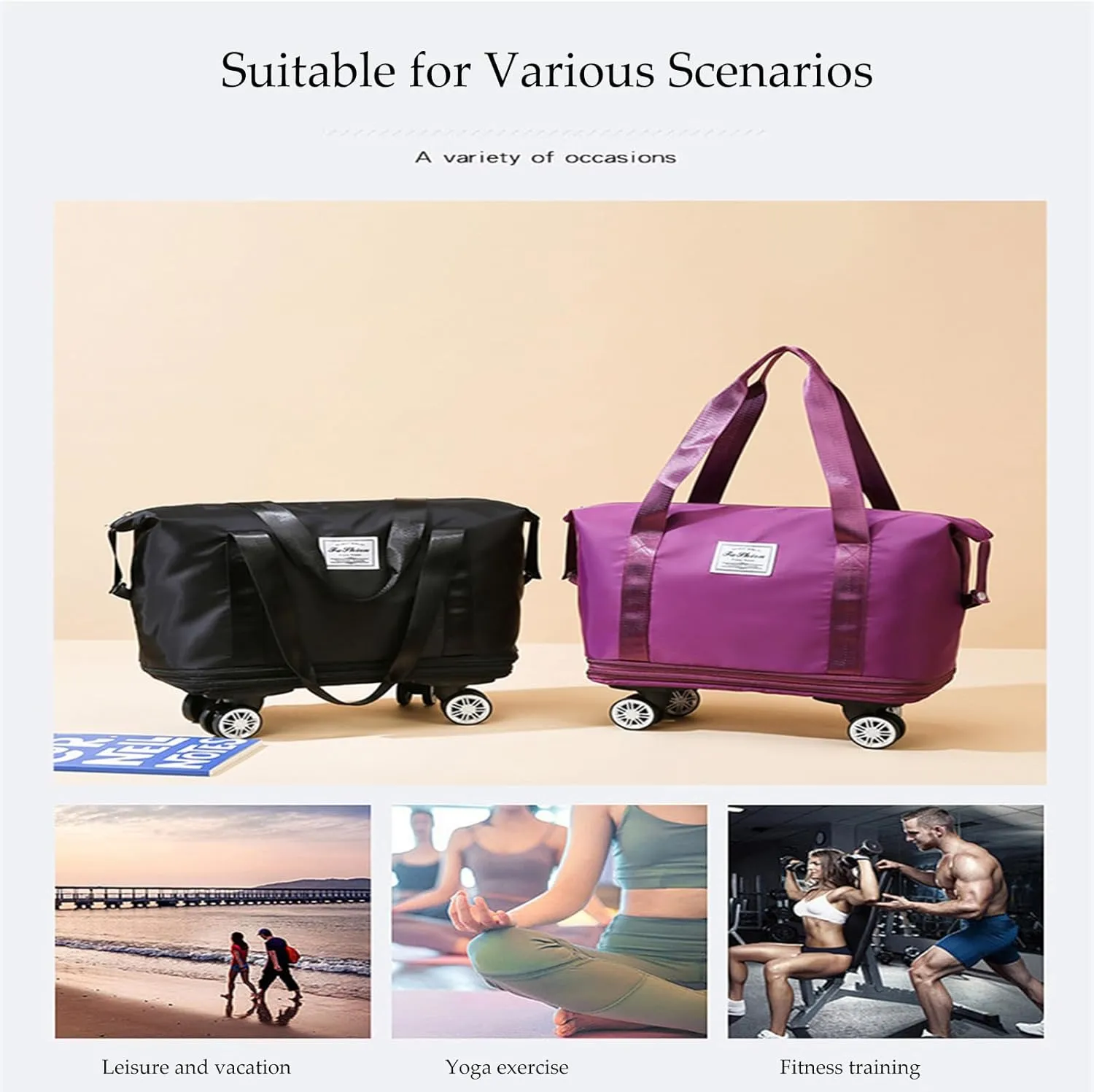 Beente/Pepepo/Kulken Travel Bag with Wheels, 2025 New Large Capacity Travel Bag - Universal Wheel Removable (Purple)