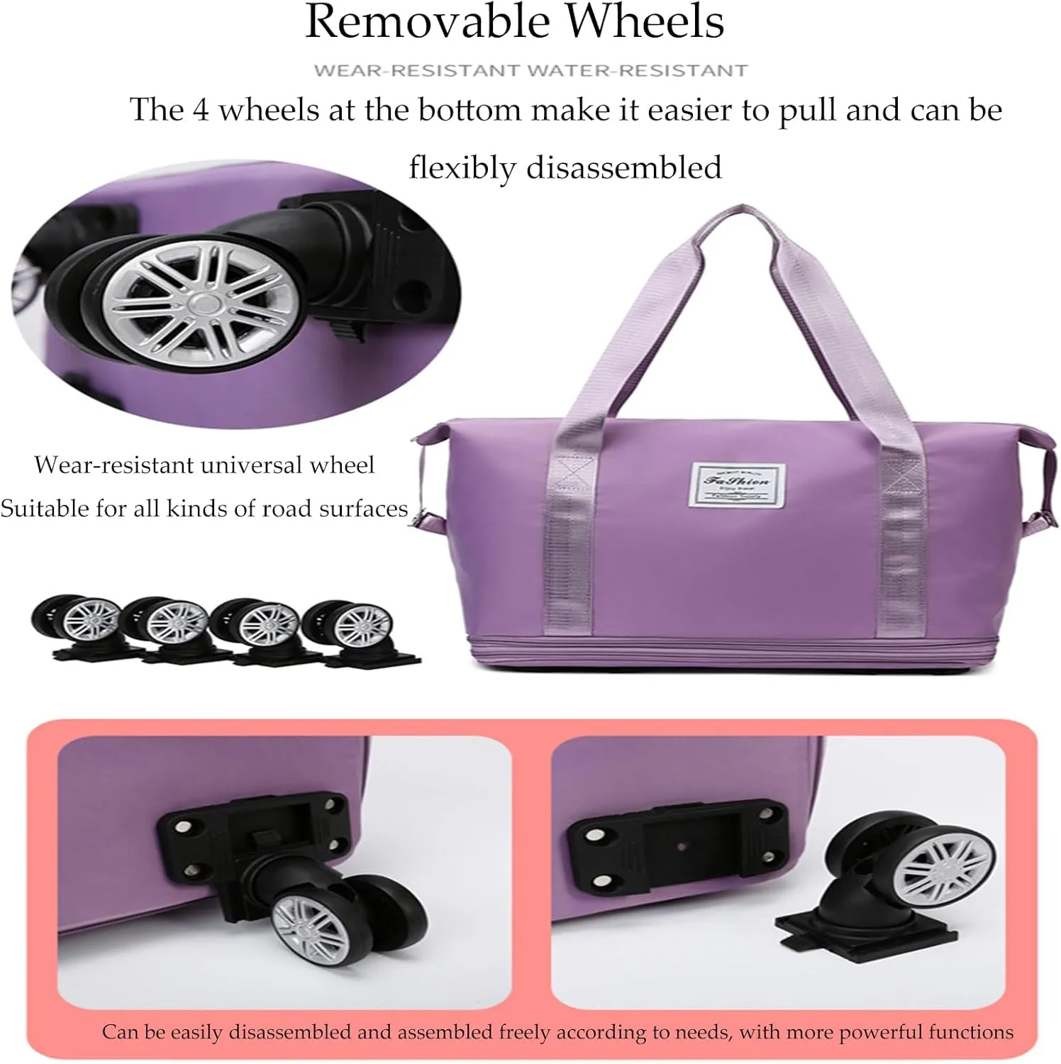 Beente/Pepepo/Kulken Travel Bag with Wheels, 2025 New Large Capacity Travel Bag - Universal Wheel Removable (Purple)