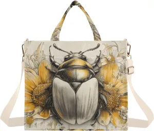 Beetle Flower Corduroy Tote Bag for Women Large Shoulder Bag with Pockets for Beach Work Travel Shopping S