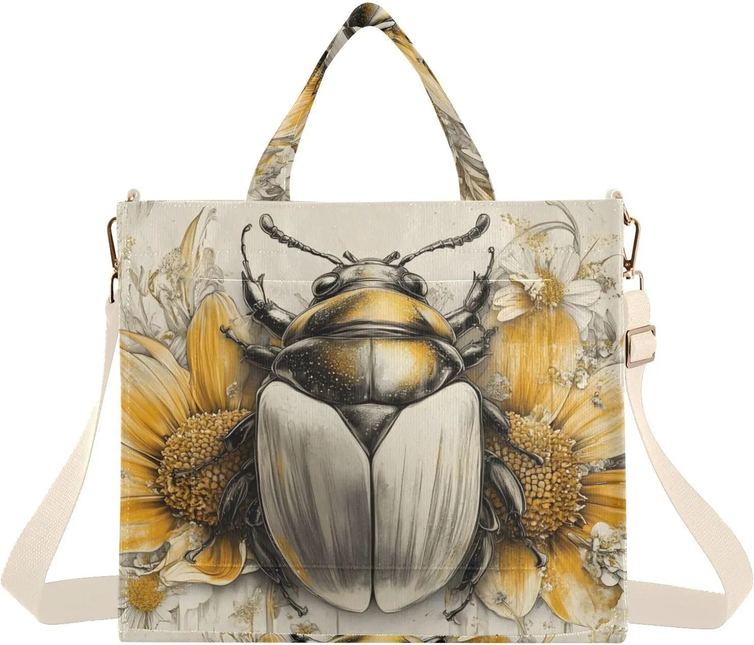 Beetle Flower Corduroy Tote Bag for Women Large Shoulder Bag with Pockets for Beach Work Travel Shopping S