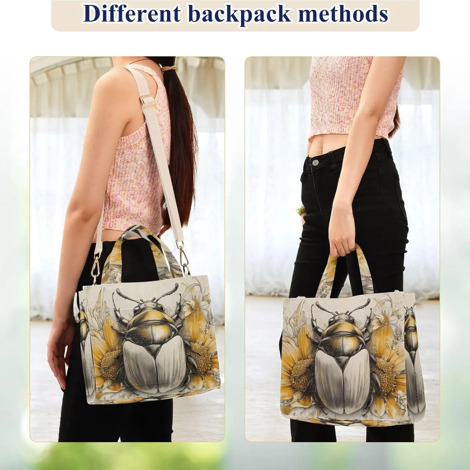 Beetle Flower Corduroy Tote Bag for Women Large Shoulder Bag with Pockets for Beach Work Travel Shopping S