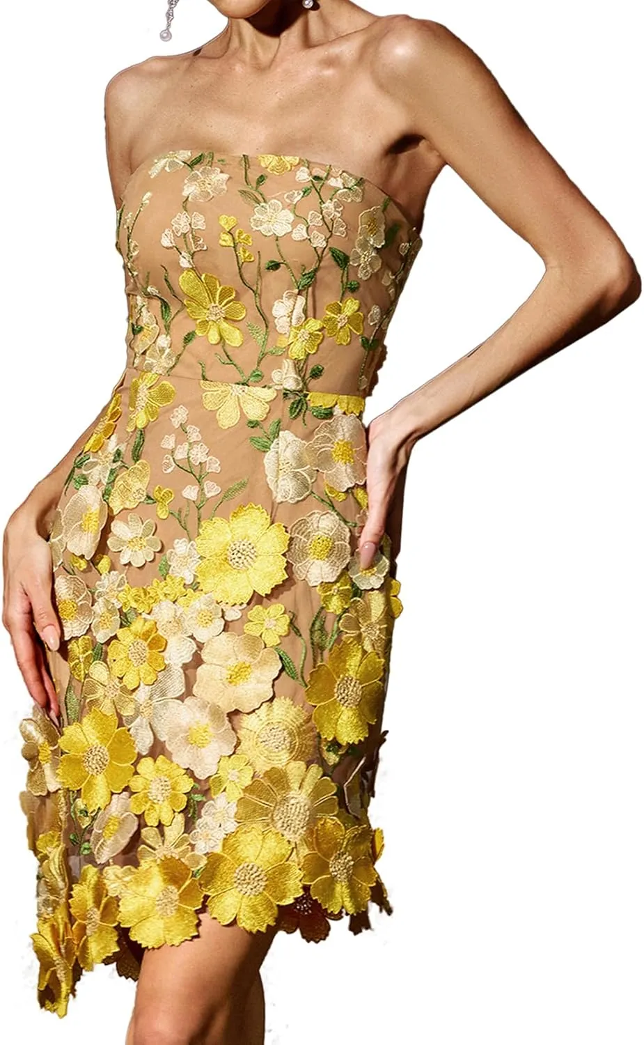 BELLA BARNETT Glamorous Strapless Featuring Nude Pink Tone Floral Dress Mini Summer Dress