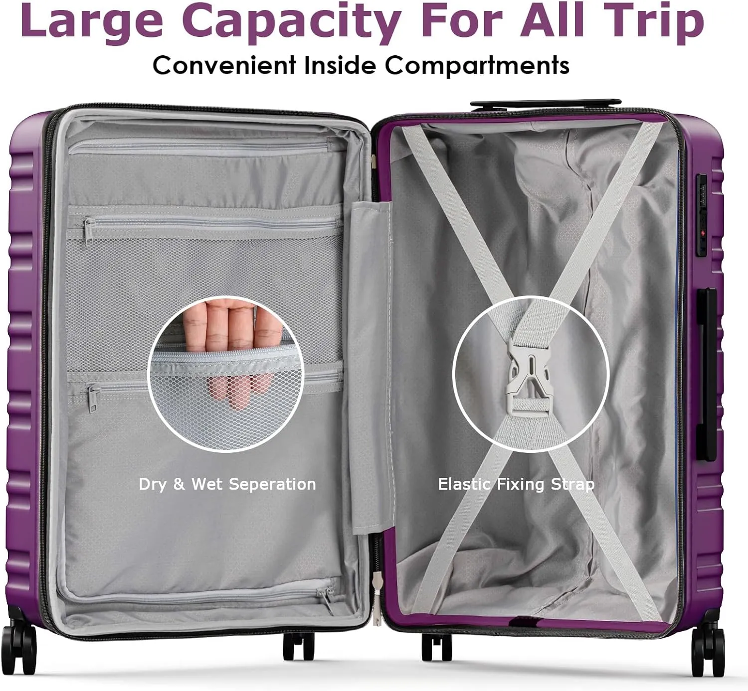 BEOW 3 Piece Luggage Sets For Women with Spinner Wheels, Durable Polycarbonate Hardside Expandable Suitcase Sets 3 Pcs, Stylish Lightweight Travel Luggage with TSA Lock 20 24 28 Inch Purple