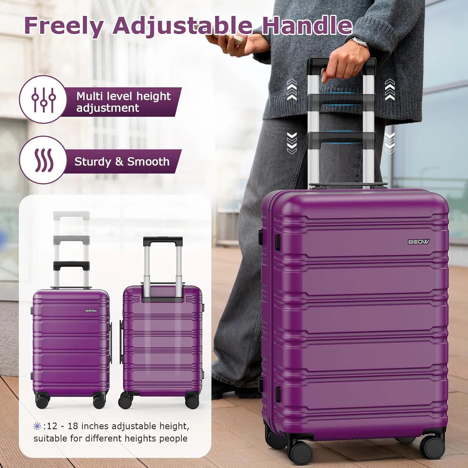 BEOW 3 Piece Luggage Sets For Women with Spinner Wheels, Durable Polycarbonate Hardside Expandable Suitcase Sets 3 Pcs, Stylish Lightweight Travel Luggage with TSA Lock 20 24 28 Inch Purple