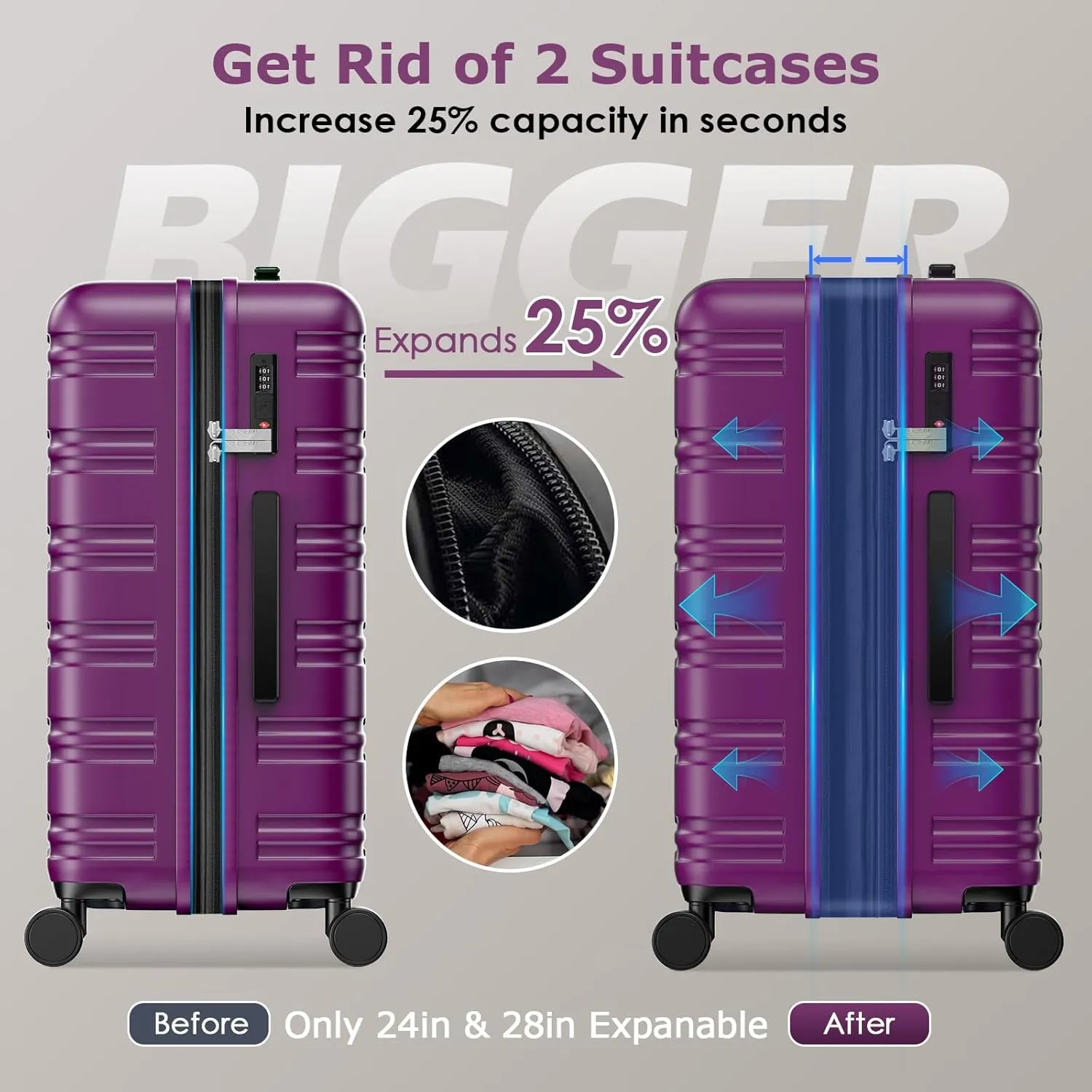 BEOW 3 Piece Luggage Sets For Women with Spinner Wheels, Durable Polycarbonate Hardside Expandable Suitcase Sets 3 Pcs, Stylish Lightweight Travel Luggage with TSA Lock 20 24 28 Inch Purple
