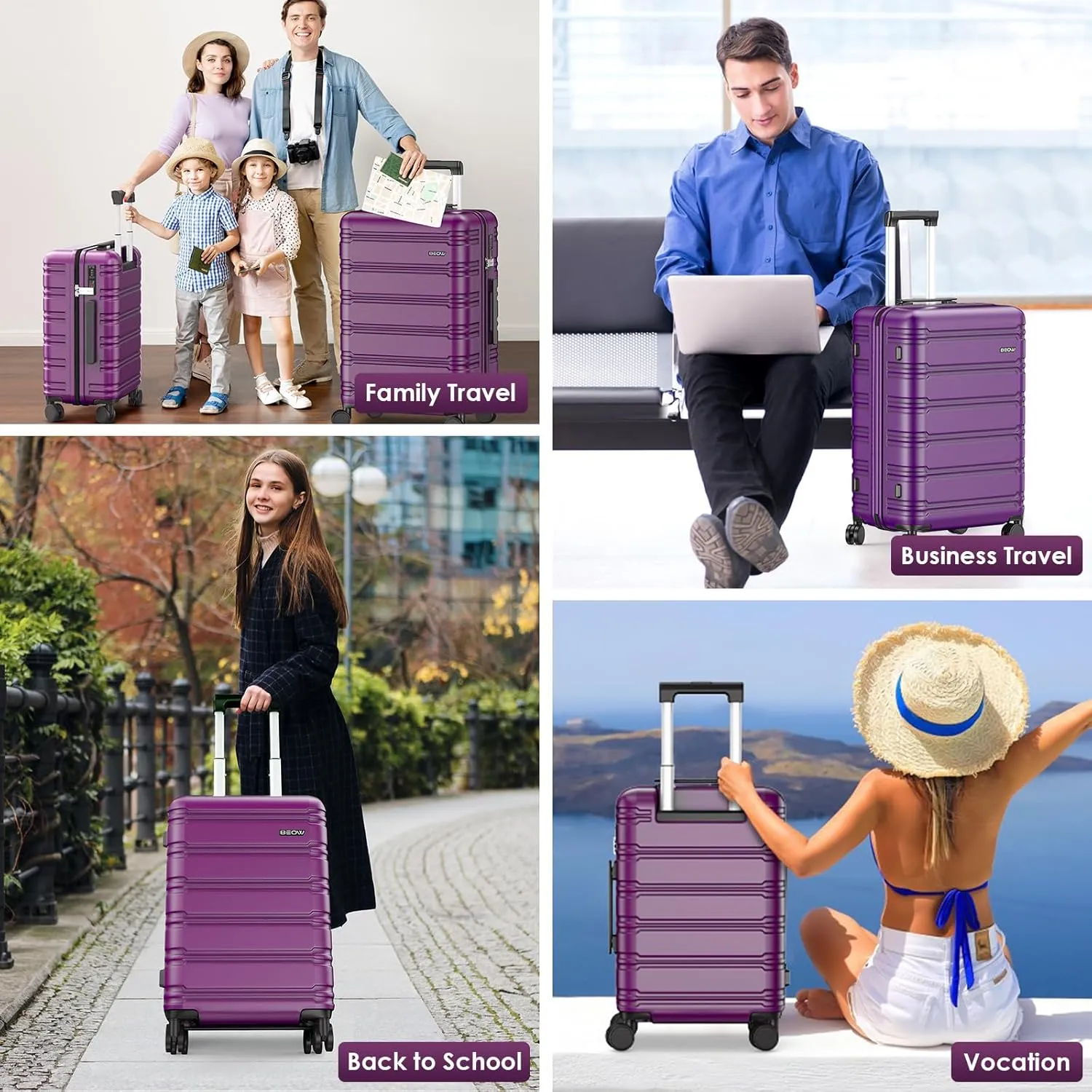 BEOW 3 Piece Luggage Sets For Women with Spinner Wheels, Durable Polycarbonate Hardside Expandable Suitcase Sets 3 Pcs, Stylish Lightweight Travel Luggage with TSA Lock 20 24 28 Inch Purple