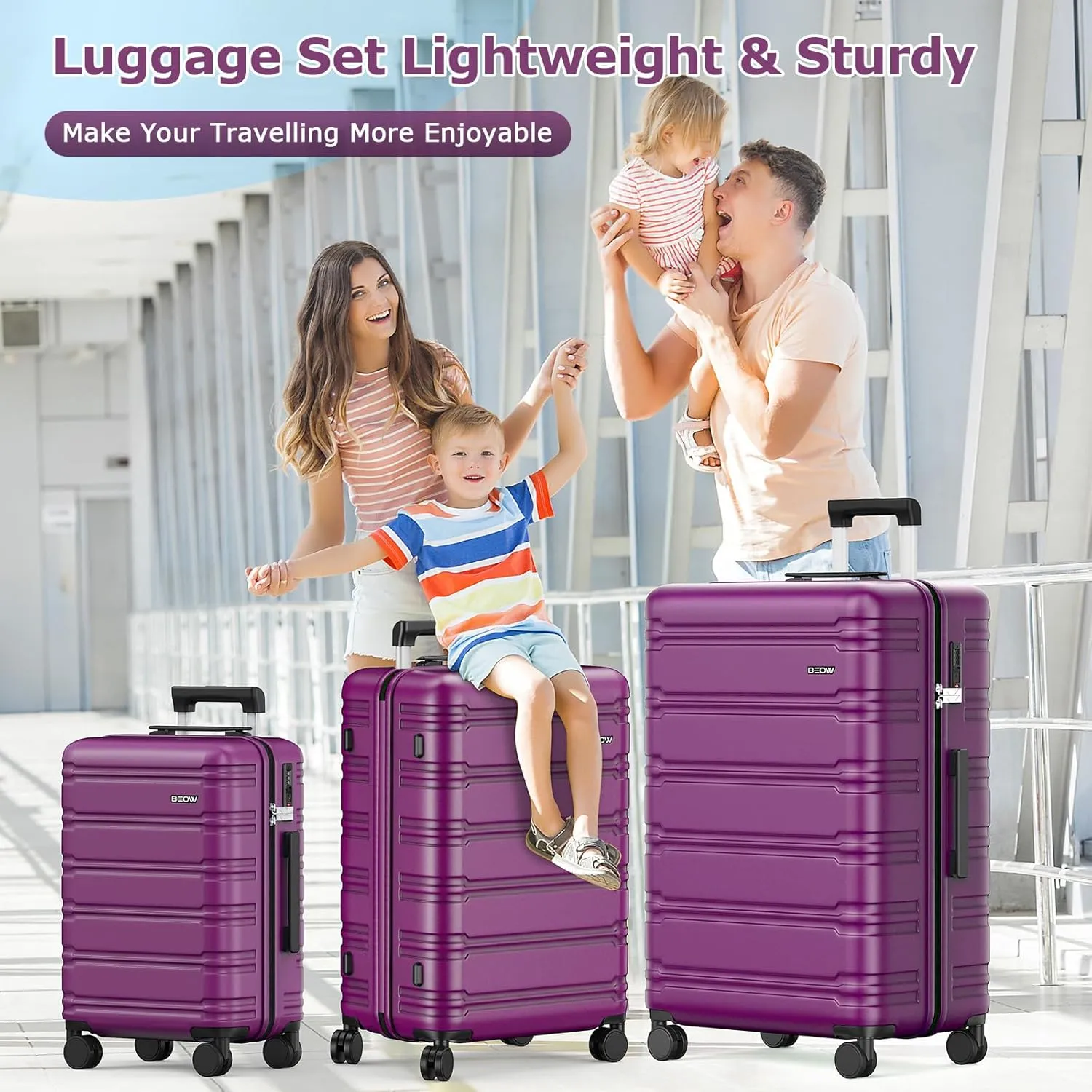BEOW 3 Piece Luggage Sets For Women with Spinner Wheels, Durable Polycarbonate Hardside Expandable Suitcase Sets 3 Pcs, Stylish Lightweight Travel Luggage with TSA Lock 20 24 28 Inch Purple