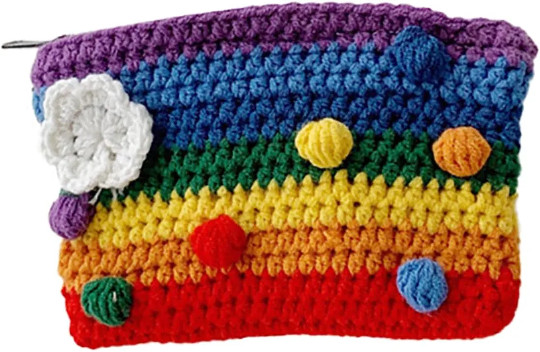 BESTYASH 1Pc Colorful Woolen Yarn Knitted Handbag Rainbow Coin Change Purse for Women Stylish Crochet Phone Bag for Storing Coins and Essentials