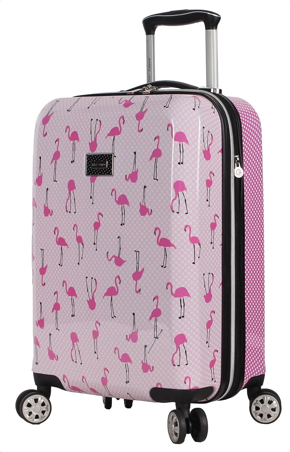 Betsey Johnson Designer 20 Inch Carry On - Expandable (ABS   PC) Hardside Luggage - Lightweight Durable Suitcase With 8-Rolling Spinner Wheels for Women (20in, Flamingo Strut)
