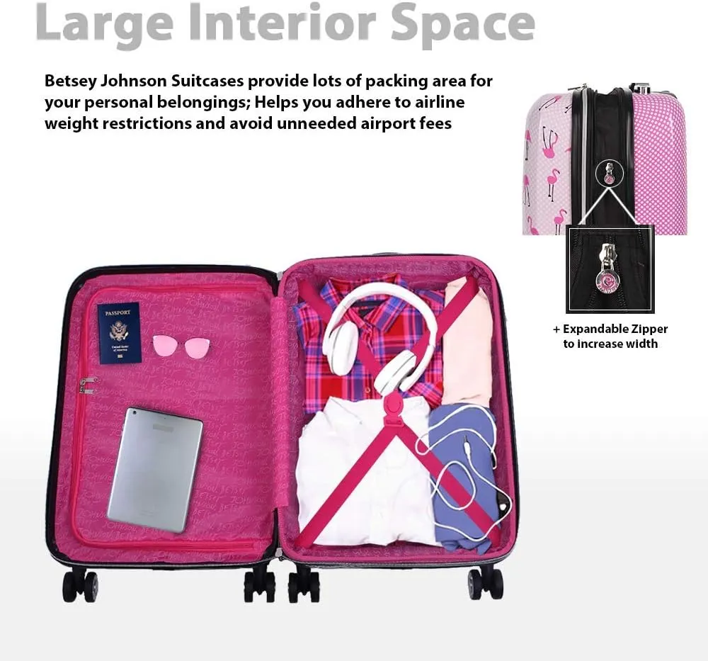 Betsey Johnson Designer 20 Inch Carry On - Expandable (ABS   PC) Hardside Luggage - Lightweight Durable Suitcase With 8-Rolling Spinner Wheels for Women (20in, Flamingo Strut)
