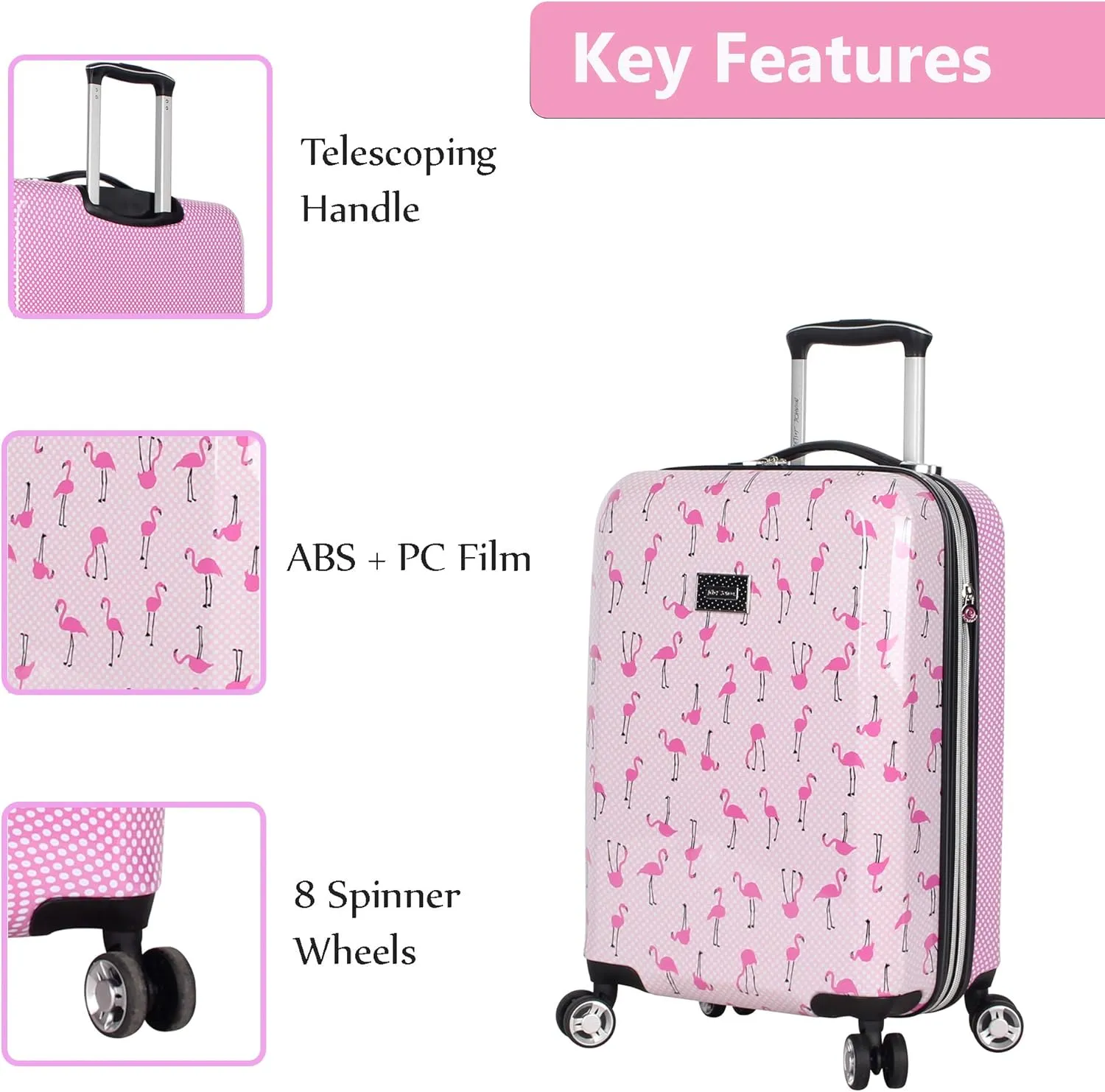 Betsey Johnson Designer 20 Inch Carry On - Expandable (ABS   PC) Hardside Luggage - Lightweight Durable Suitcase With 8-Rolling Spinner Wheels for Women (20in, Flamingo Strut)