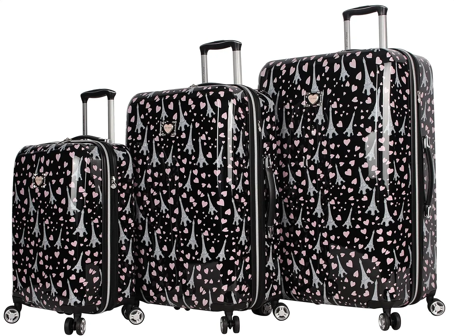 Betsey Johnson Designer Luggage Collection - Expandable 3 Piece Hardside Lightweight Spinner Suitcase Set - Travel Set includes 20-Inch Carry On, 26 inch and 30-Inch Checked Suitcase (Paris Love)