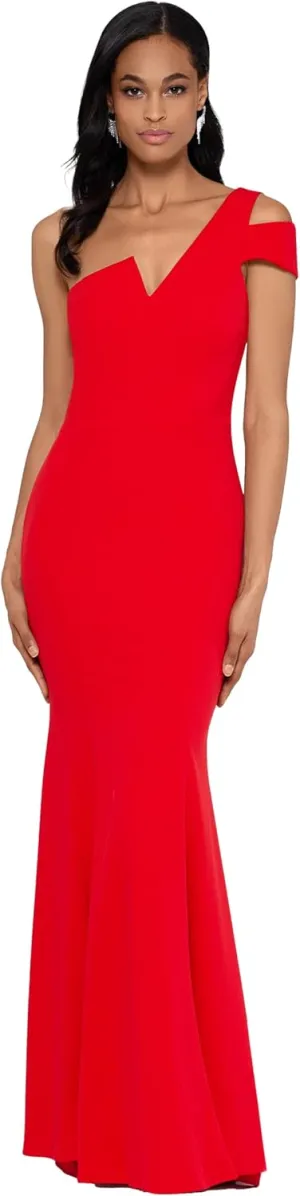 Betsy & Adam Women's Long One Shoulder Sleeveless Stretch Scuba Crepe Sheath Gown