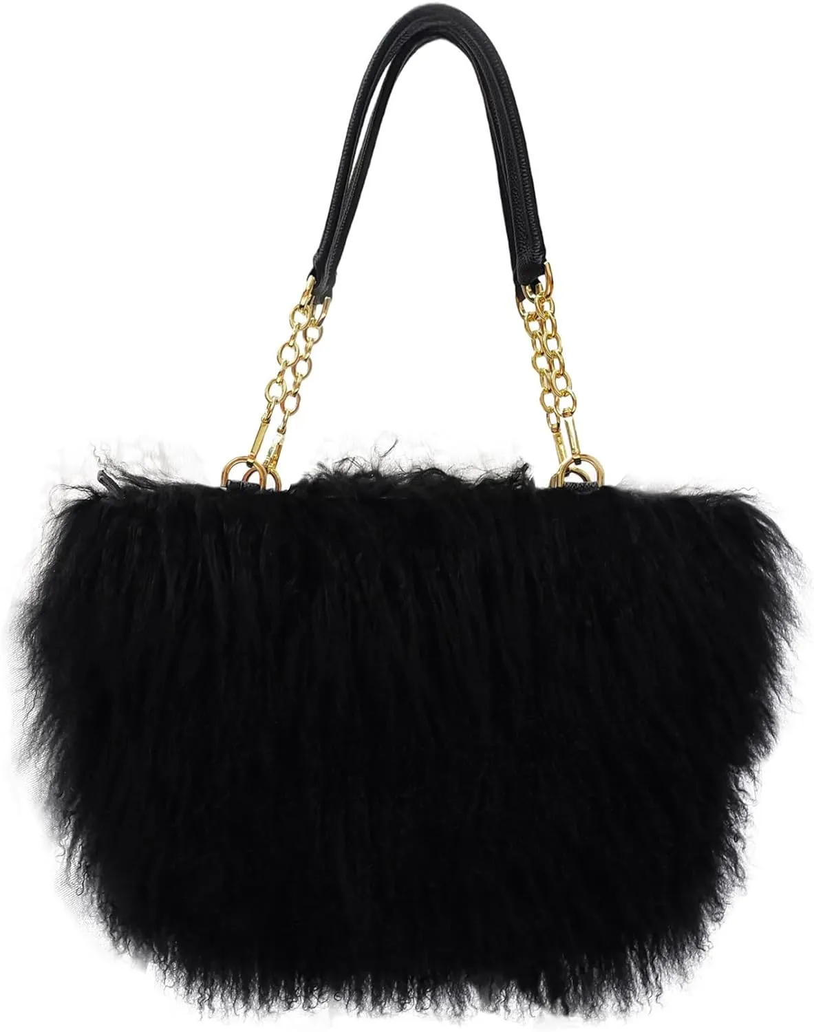 Big Fur Tote Bag Curly Lamb Hair Furry Purse with Genuine Leather Handles Plush Black Fur Handbag