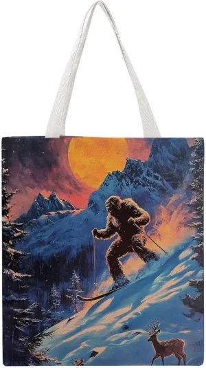Bigfoot Skiing Deer Elks Tote Bag Canvas Handbags Large Shoulder Bag Shopping Grocery Bags for Work Travel Shopping