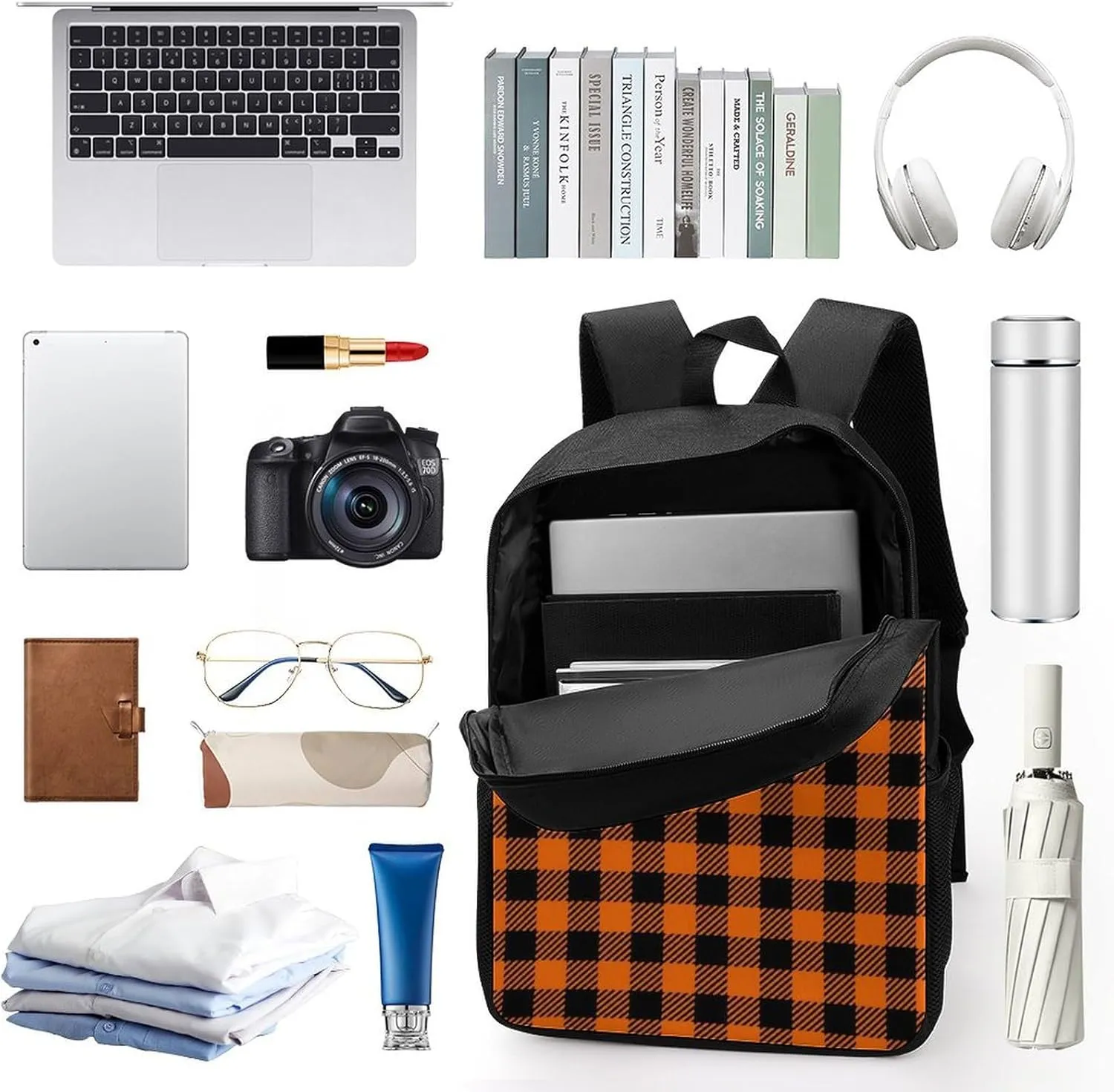 Black Orange Gingham Backpack Lightweight Waterproof Backpacks Laptop Backpack for Unisex Casual Travel Daypacks Large Capacity