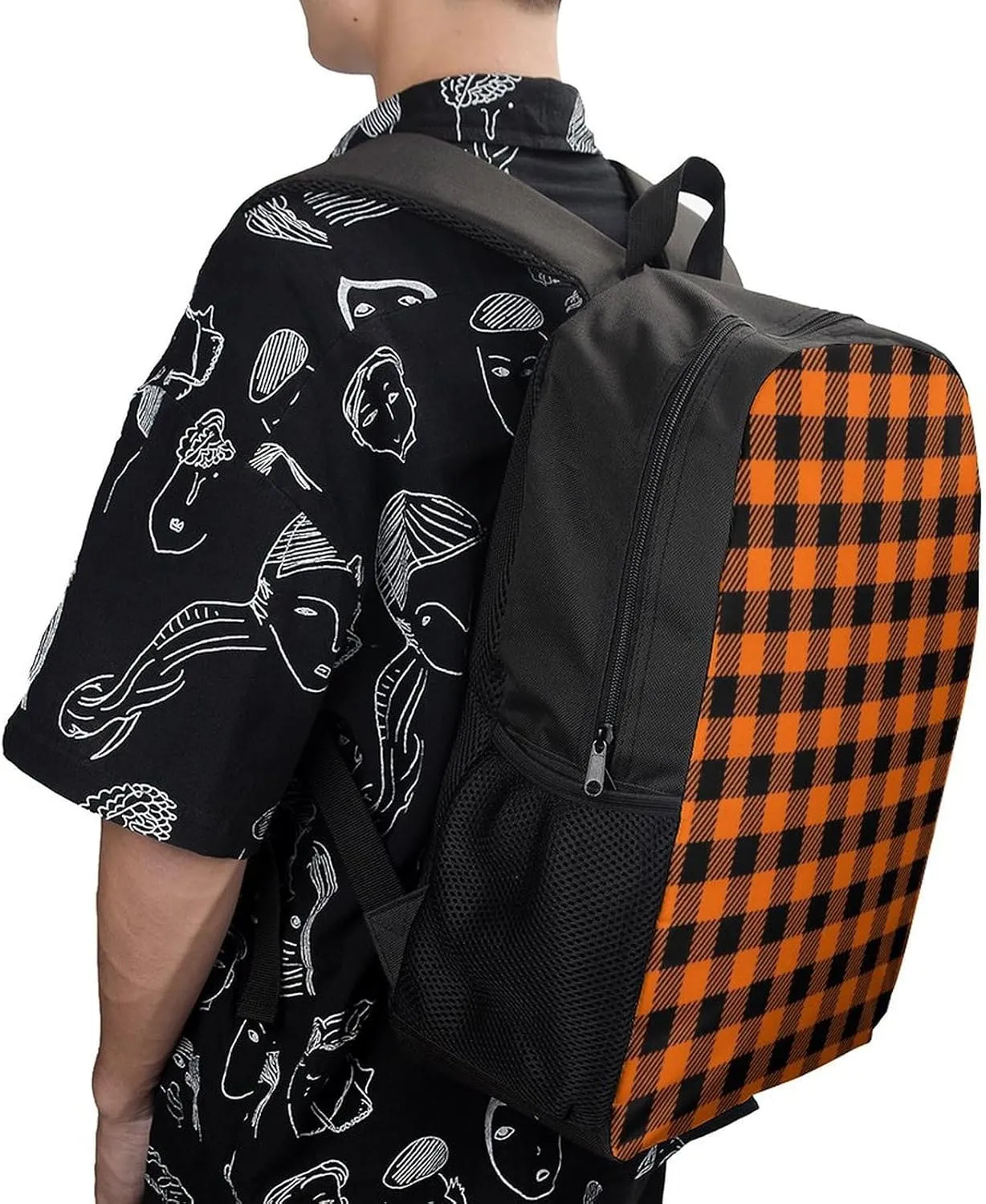 Black Orange Gingham Backpack Lightweight Waterproof Backpacks Laptop Backpack for Unisex Casual Travel Daypacks Large Capacity