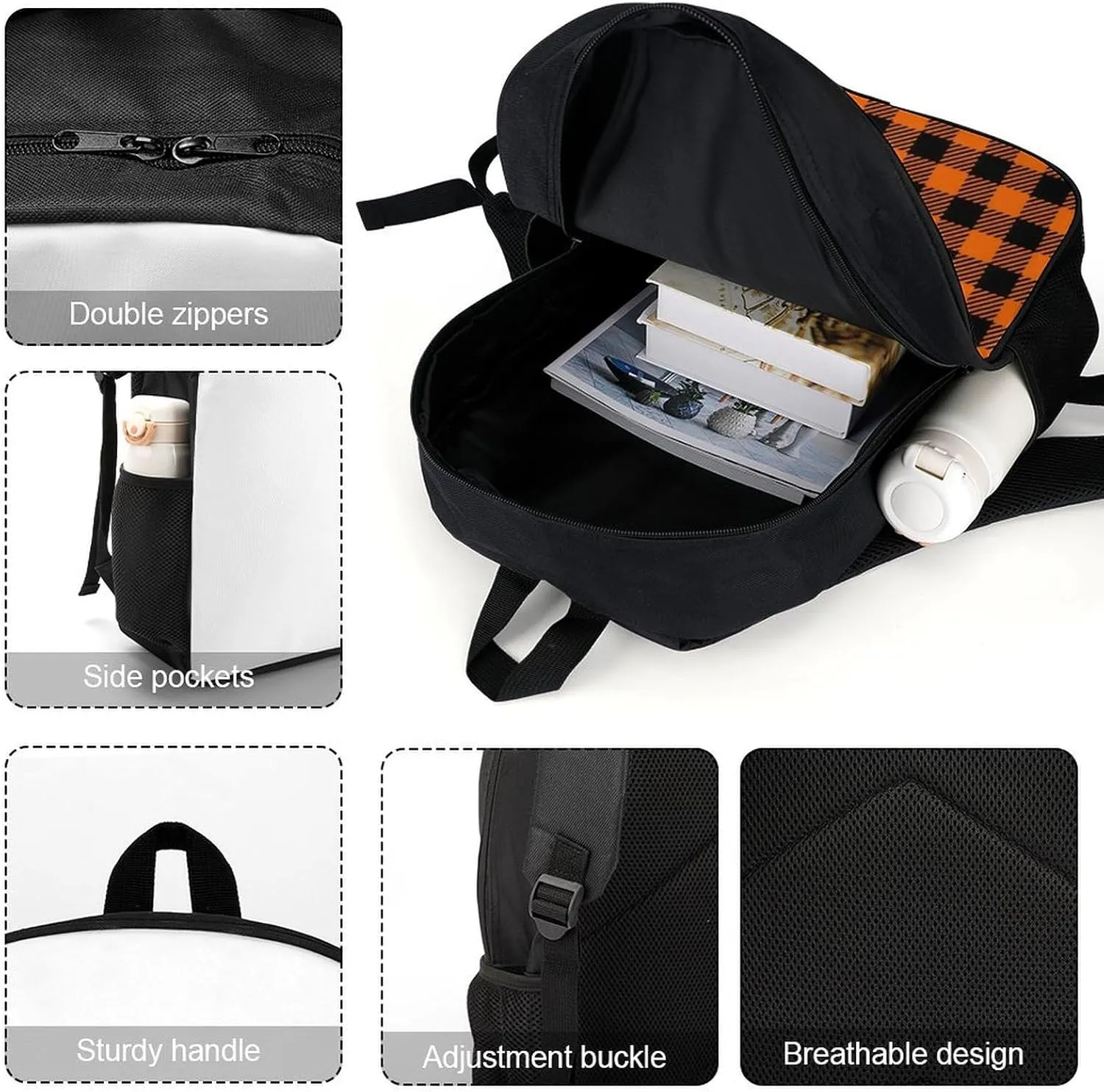 Black Orange Gingham Backpack Lightweight Waterproof Backpacks Laptop Backpack for Unisex Casual Travel Daypacks Large Capacity