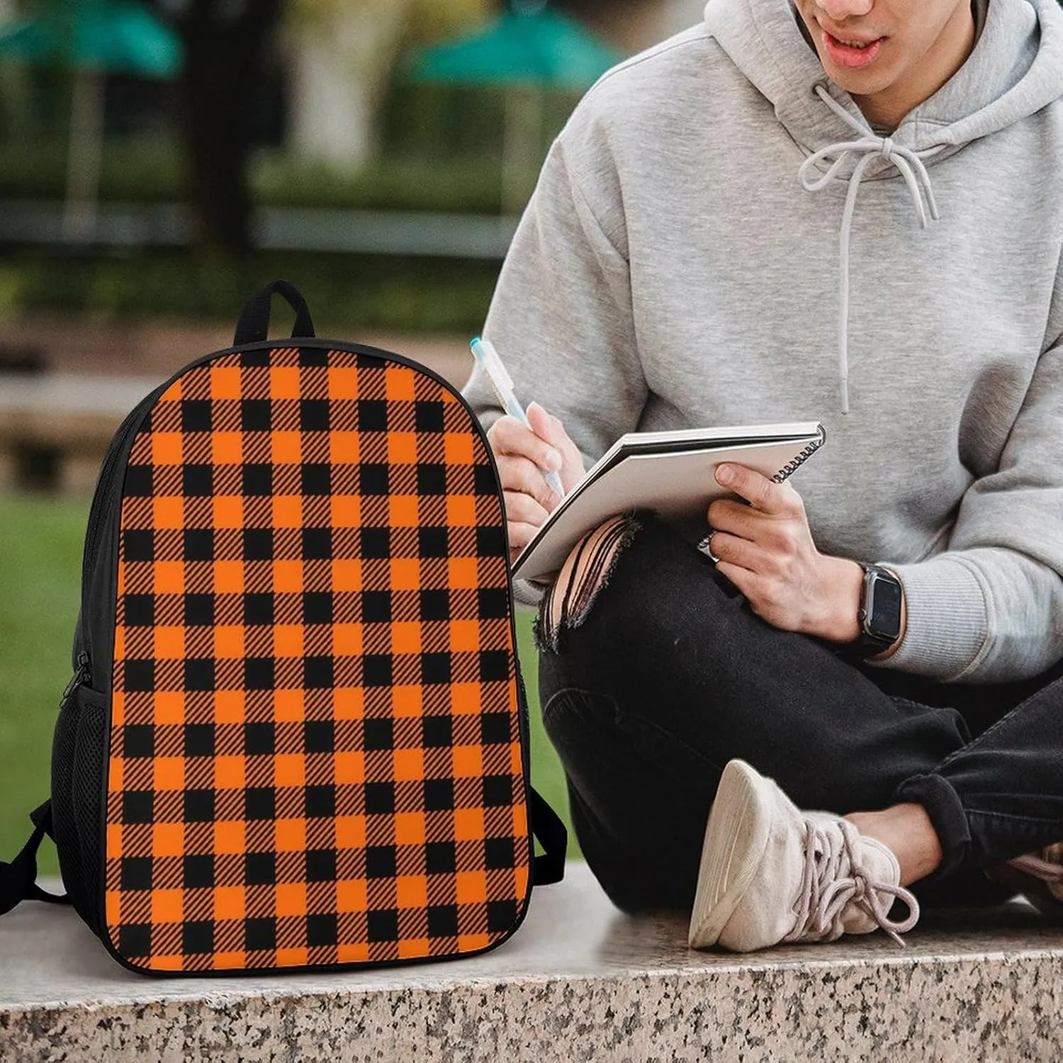 Black Orange Gingham Backpack Lightweight Waterproof Backpacks Laptop Backpack for Unisex Casual Travel Daypacks Large Capacity