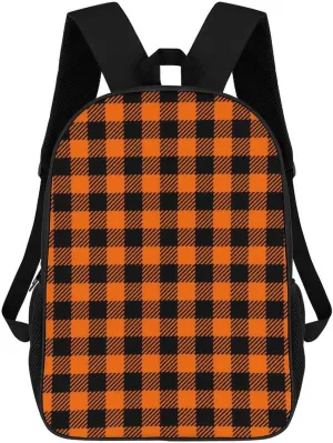 Black Orange Gingham Backpack Lightweight Waterproof Backpacks Laptop Backpack for Unisex Casual Travel Daypacks Large Capacity