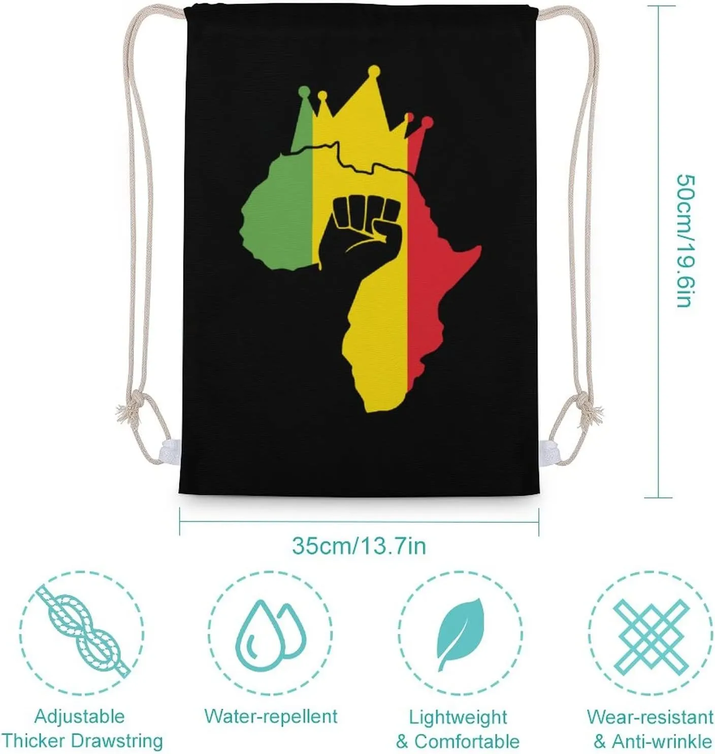 Black Power Fist on Africa Map Canvas Drawstring Backpack Fashionable Sports Sackpack Personalized Shoulder Bag for Men Women 35x50cm