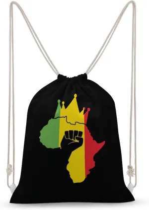 Black Power Fist on Africa Map Canvas Drawstring Backpack Fashionable Sports Sackpack Personalized Shoulder Bag for Men Women 35x50cm
