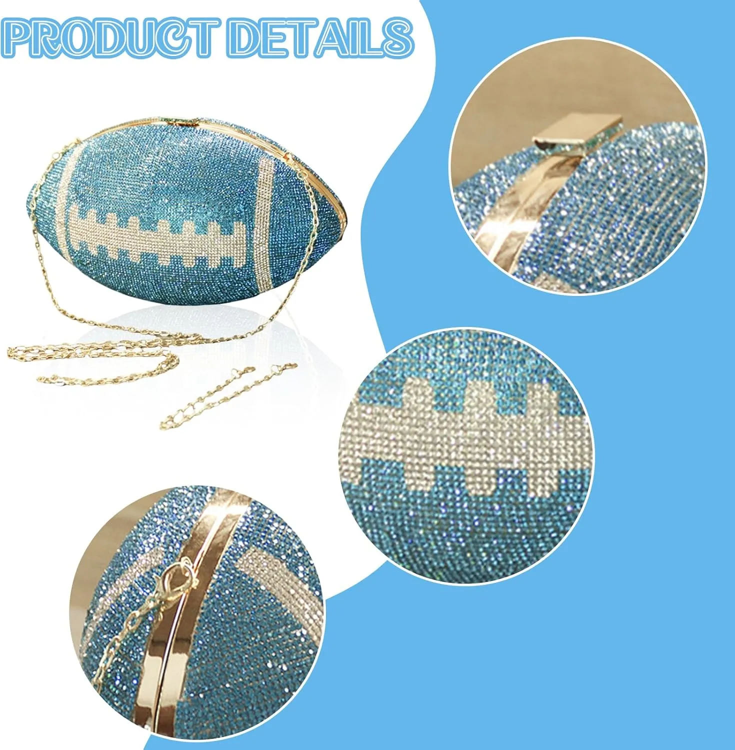 Bling Rhinestone Football Shaped Rugby Quirky Bag Football Shape Evening Bag with Shoulder Chain for Wedding Banque