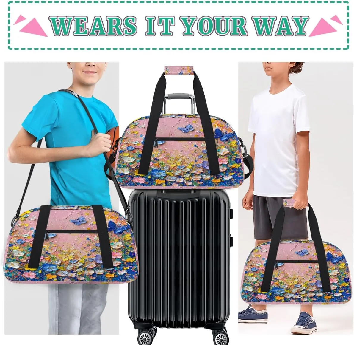 Blue Butterfly Kids Overnighter Duffel Bags for Boys, Carry-On Size Sports Gym Bag with Front Zipper Pocket for School Practice or Overnight Travel Weekender Sleepover Tote Bag