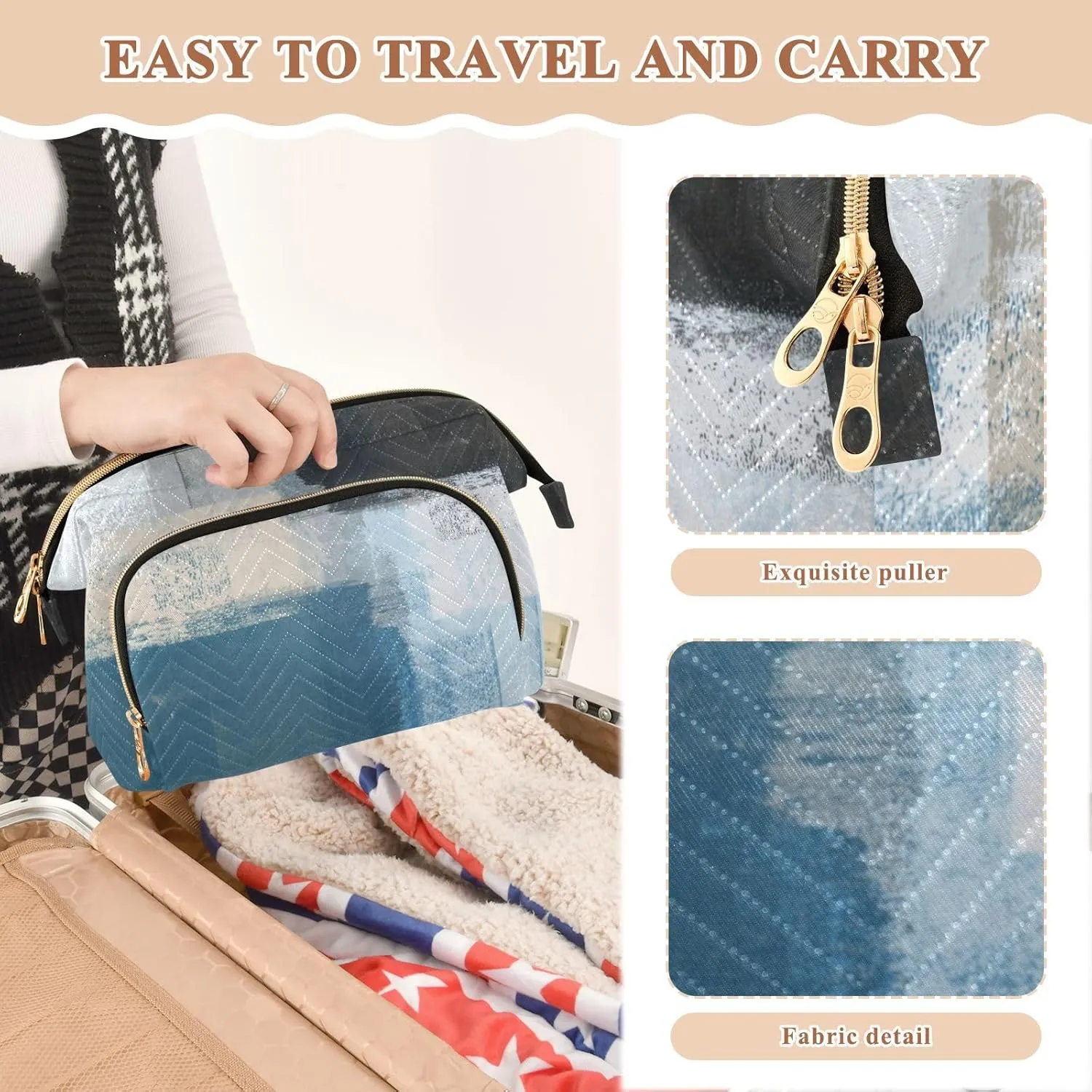 Blue White and Beige Abstract Art Painting Women Cosmetic Bag Makeup Bag Stylish Trip Beauty Bag Travel Toiletry Bag with Bottle Organizer 10.2 x 5.9 x 6.7 inch