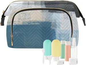 Blue White and Beige Abstract Art Painting Women Cosmetic Bag Makeup Bag Stylish Trip Beauty Bag Travel Toiletry Bag with Bottle Organizer 10.2 x 5.9 x 6.7 inch