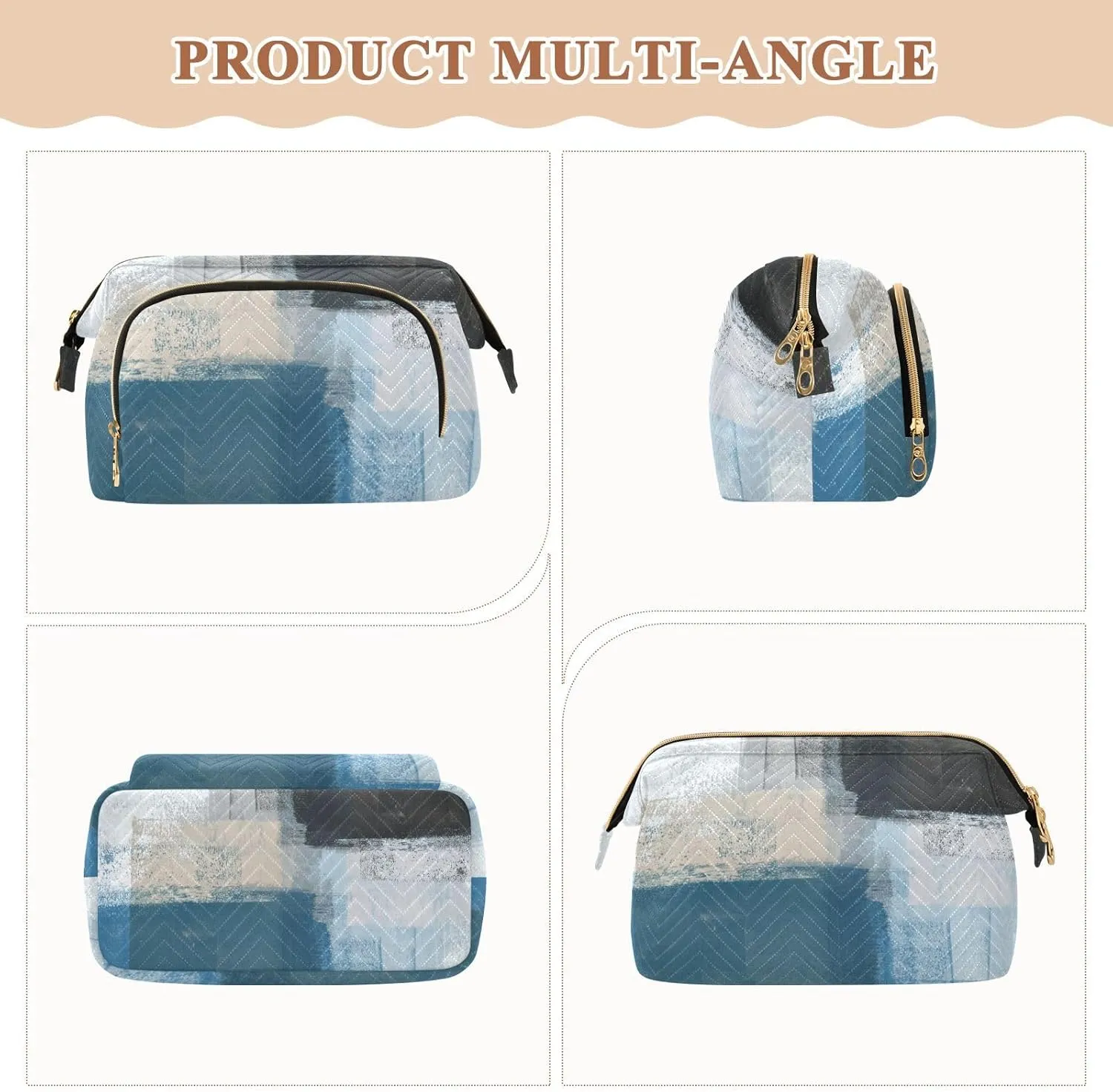 Blue White and Beige Abstract Art Painting Women Cosmetic Bag Makeup Bag Stylish Trip Beauty Bag Travel Toiletry Bag with Bottle Organizer 10.2 x 5.9 x 6.7 inch