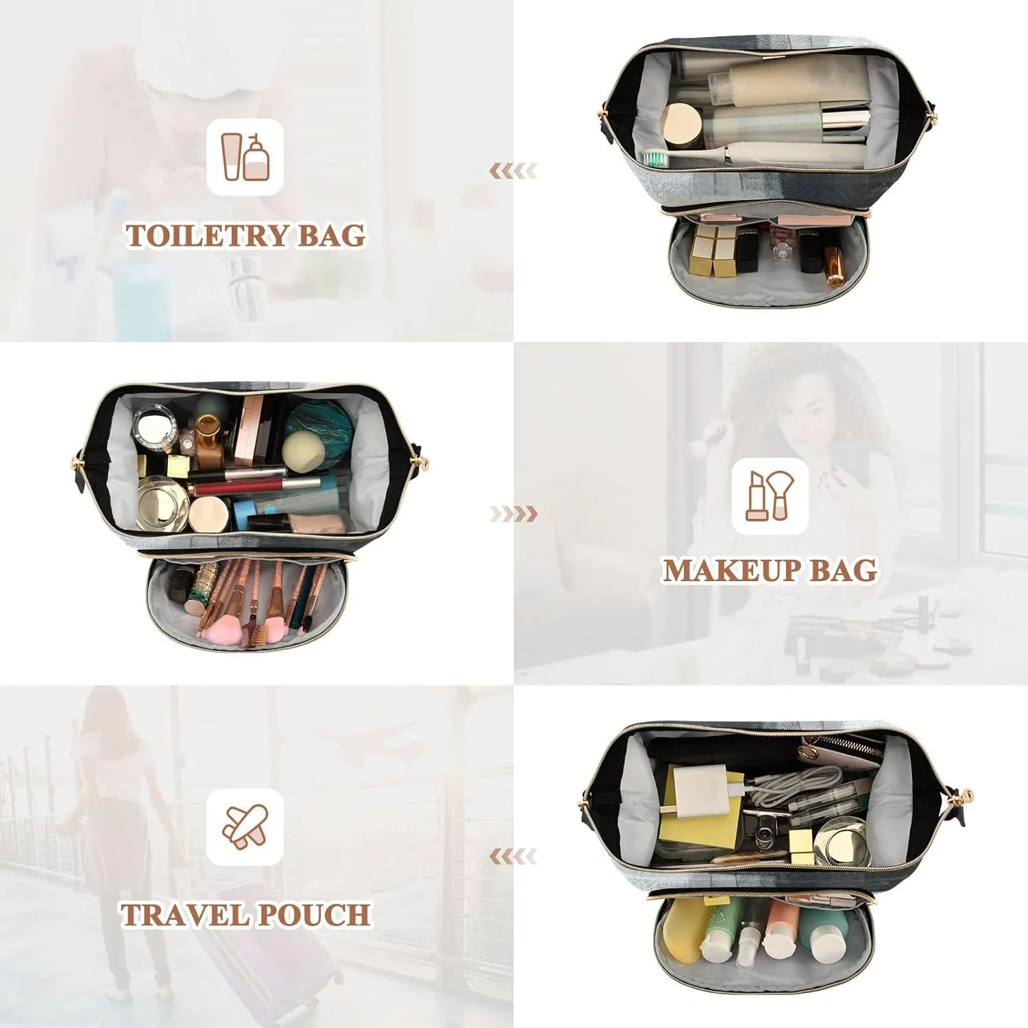 Blue White and Beige Abstract Art Painting Women Cosmetic Bag Makeup Bag Stylish Trip Beauty Bag Travel Toiletry Bag with Bottle Organizer 10.2 x 5.9 x 6.7 inch