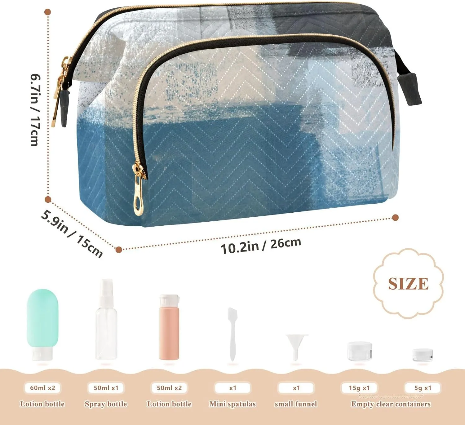 Blue White and Beige Abstract Art Painting Women Cosmetic Bag Makeup Bag Stylish Trip Beauty Bag Travel Toiletry Bag with Bottle Organizer 10.2 x 5.9 x 6.7 inch