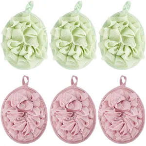 Boao 6 Pcs Bath Shower Pouf Sponge Mesh Pouf Shower Ball Exfoliating Body Sponge Pad Shower Scrubber Ball Shower Glove with Flower Bath Ball (Green,Light Pink)
