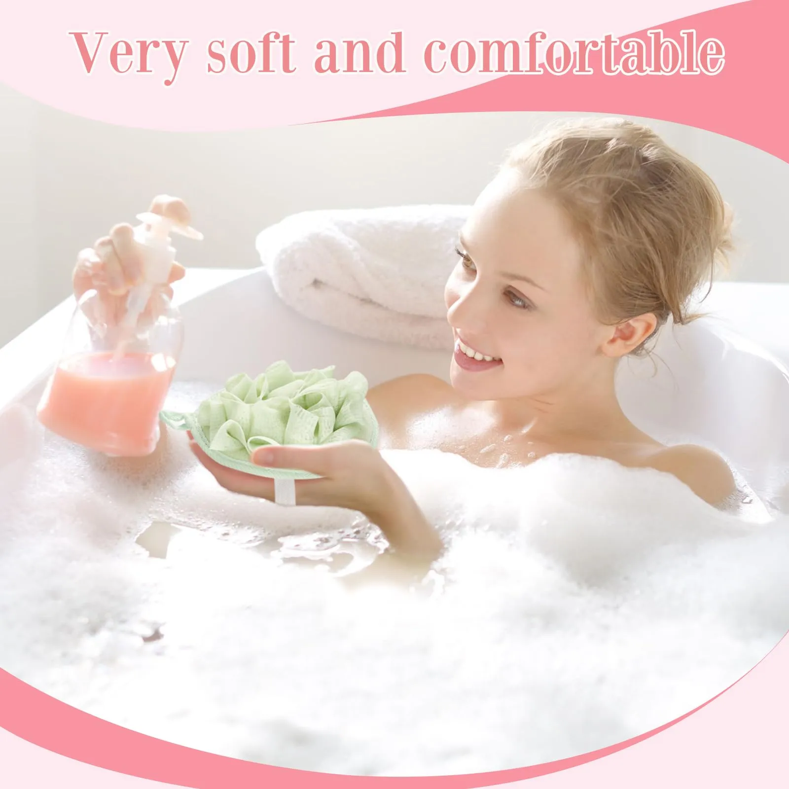 Boao 6 Pcs Bath Shower Pouf Sponge Mesh Pouf Shower Ball Exfoliating Body Sponge Pad Shower Scrubber Ball Shower Glove with Flower Bath Ball (Green,Light Pink)