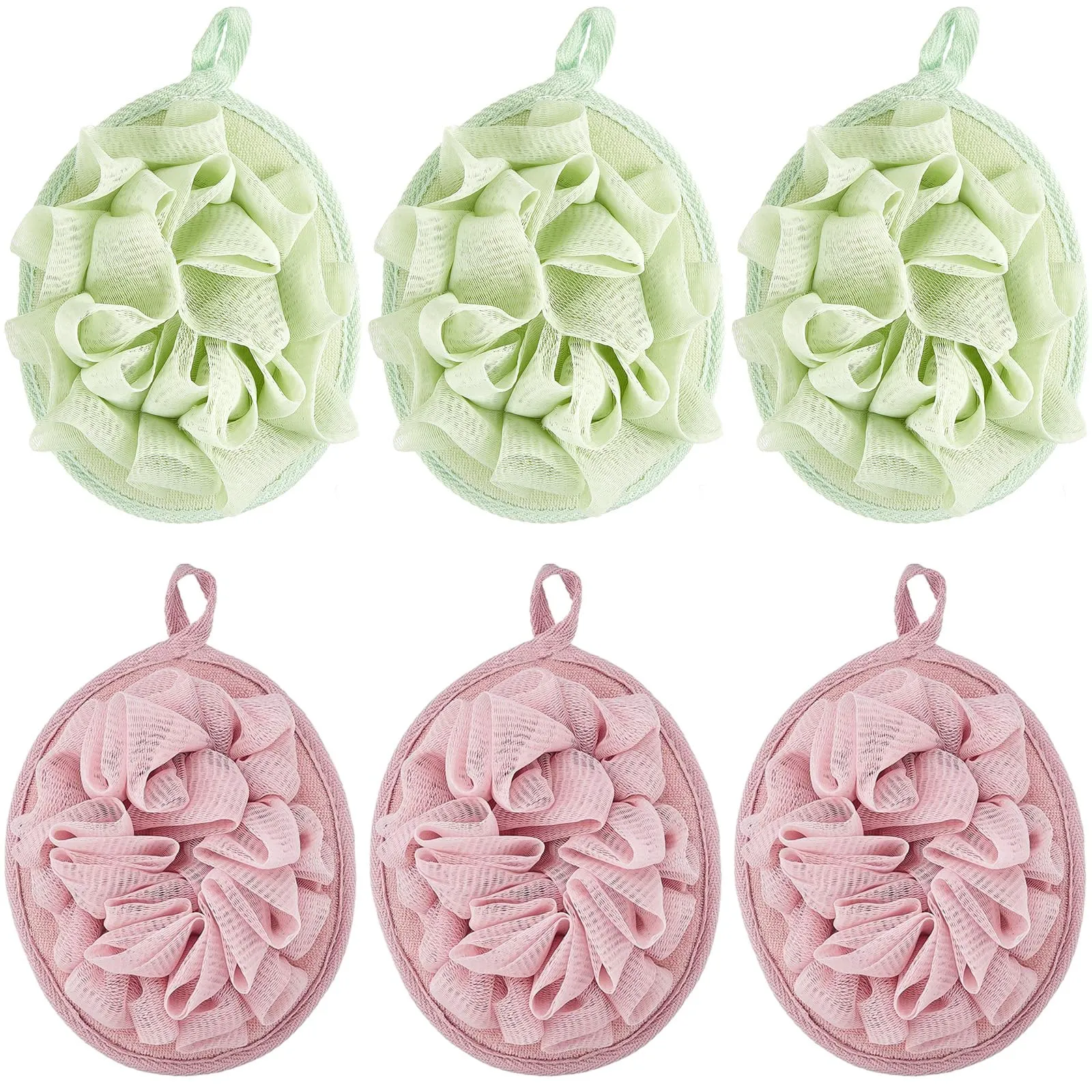 Boao 6 Pcs Bath Shower Pouf Sponge Mesh Pouf Shower Ball Exfoliating Body Sponge Pad Shower Scrubber Ball Shower Glove with Flower Bath Ball (Green,Light Pink)