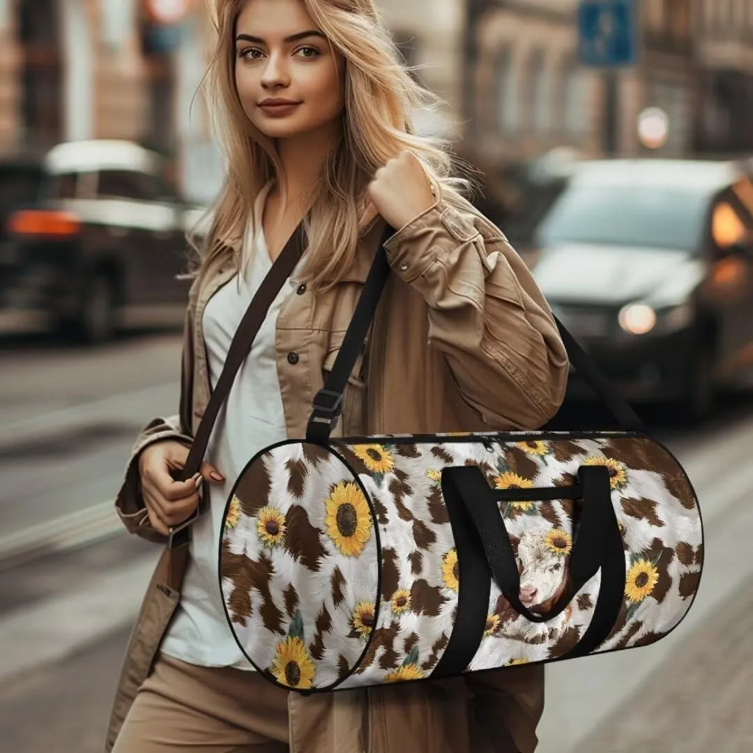 Boatee Cow Sunflower Womens Travel Bag Large Duffle Bag Portable Luggage Bag Lightweight Gym Bag Casual Duffel Handbag with Zipper Closure Stylish Weekender Hand Bag Holdall Purse for Sport Brown