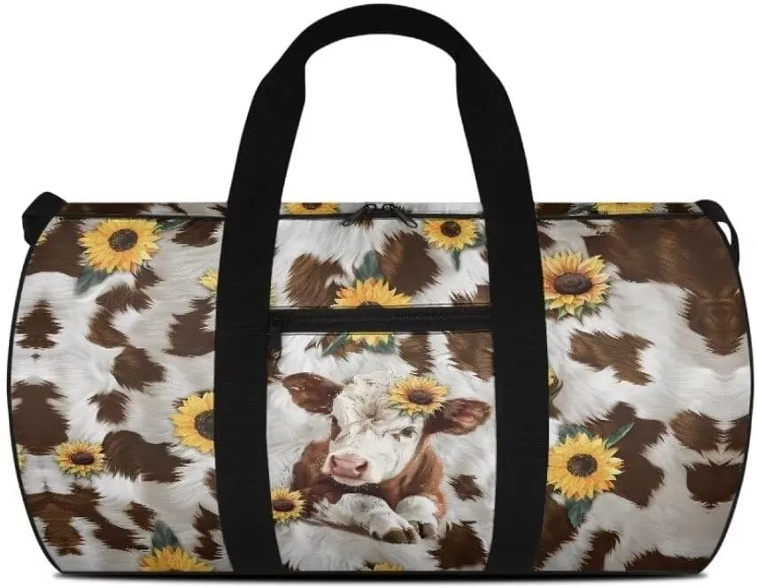 Boatee Cow Sunflower Womens Travel Bag Large Duffle Bag Portable Luggage Bag Lightweight Gym Bag Casual Duffel Handbag with Zipper Closure Stylish Weekender Hand Bag Holdall Purse for Sport Brown