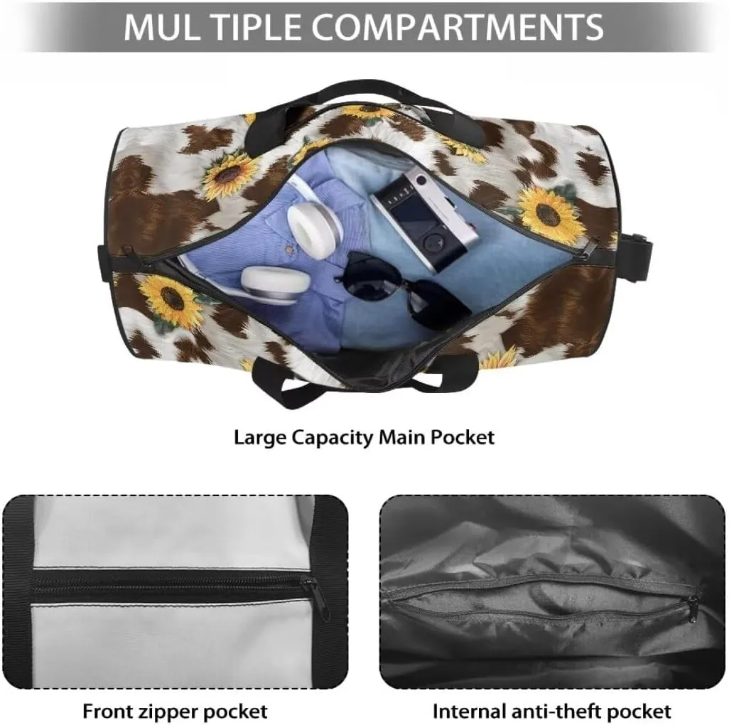 Boatee Cow Sunflower Womens Travel Bag Large Duffle Bag Portable Luggage Bag Lightweight Gym Bag Casual Duffel Handbag with Zipper Closure Stylish Weekender Hand Bag Holdall Purse for Sport Brown