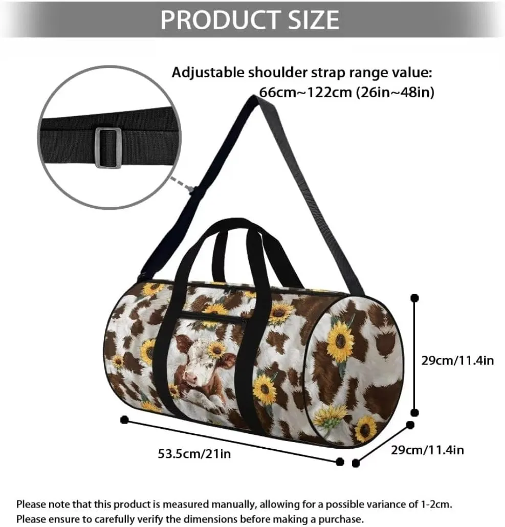 Boatee Cow Sunflower Womens Travel Bag Large Duffle Bag Portable Luggage Bag Lightweight Gym Bag Casual Duffel Handbag with Zipper Closure Stylish Weekender Hand Bag Holdall Purse for Sport Brown