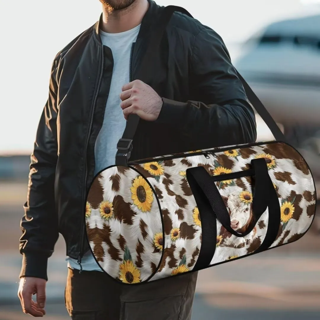 Boatee Cow Sunflower Womens Travel Bag Large Duffle Bag Portable Luggage Bag Lightweight Gym Bag Casual Duffel Handbag with Zipper Closure Stylish Weekender Hand Bag Holdall Purse for Sport Brown