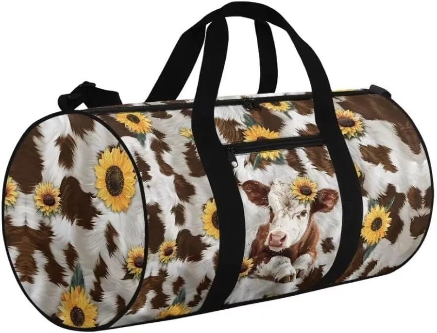 Boatee Cow Sunflower Womens Travel Bag Large Duffle Bag Portable Luggage Bag Lightweight Gym Bag Casual Duffel Handbag with Zipper Closure Stylish Weekender Hand Bag Holdall Purse for Sport Brown