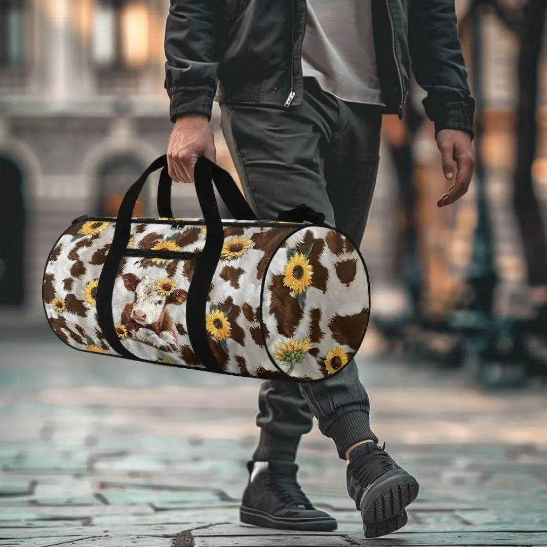 Boatee Cow Sunflower Womens Travel Bag Large Duffle Bag Portable Luggage Bag Lightweight Gym Bag Casual Duffel Handbag with Zipper Closure Stylish Weekender Hand Bag Holdall Purse for Sport Brown