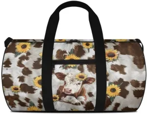 Boatee Cow Sunflower Womens Travel Bag Large Duffle Bag Portable Luggage Bag Lightweight Gym Bag Casual Duffel Handbag with Zipper Closure Stylish Weekender Hand Bag Holdall Purse for Sport Brown